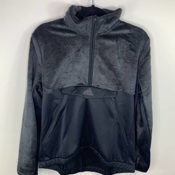 Adidas Fleece Pullover Womens Medium Faux Fur Half Zip Kangaroo Pocket NEW Black - Picture 4 of 9